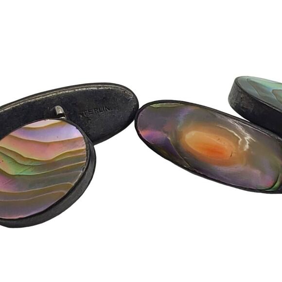 Sterling Silver Blister Pearl Cufflinks Antique Abalone Shell Cuff Links Jewelry - Picture 7 of 8
